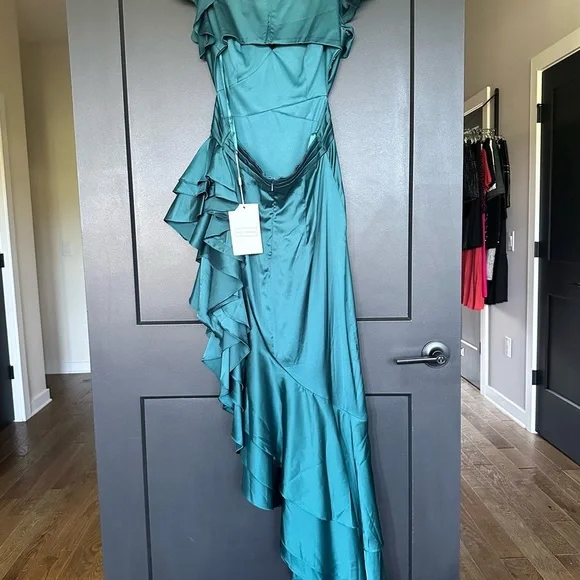 NWT | Mac Duggal | 49529 | Teal Ruffle High Low Asymmetric Dress - Picture 5 of 9